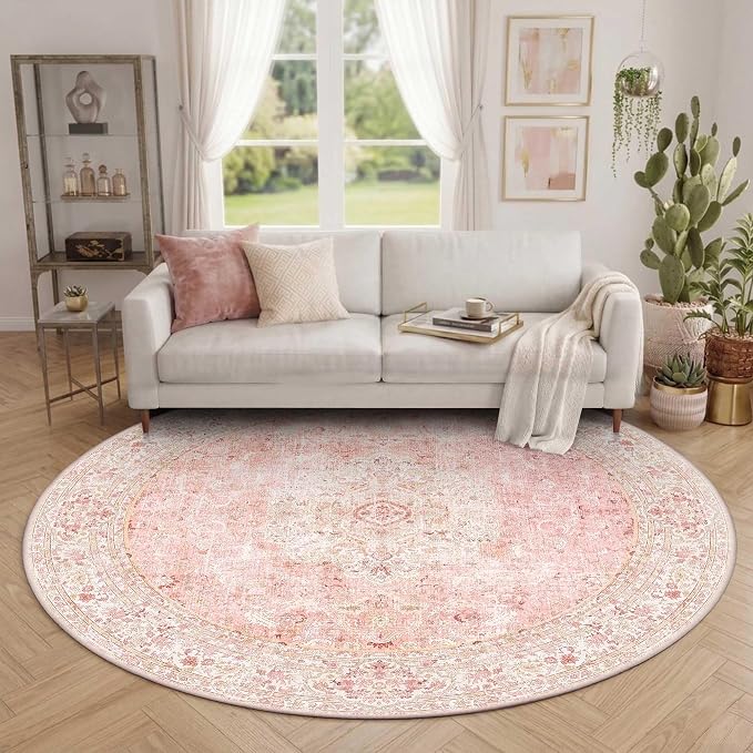Latte&Fog 6ft Pink Round Area Rug for Girl Bedroom Washable Cute Circle Rug | Non Slip Low Pile Soft Floral Indoor Carpet for Living Room Kids Playroom Nursery Classroom Dorm Decor Dining Kitchen Office