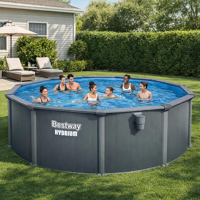 Bestway Hydrium 16' x 52" Above Ground Pool, Round Steel Side Wall Frame Outdoor Swimming Pool Set with Sand Filter Pump, Polysphere Filtration Balls, Ladder & Accessories
