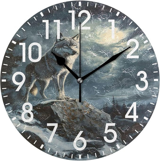 ALAZA Home Decor Wolf Sky Moon Round Acrylic 9.84 Inch Wall Clock Non Ticking Silent Clock Art for Living Room Kitchen Bedroom