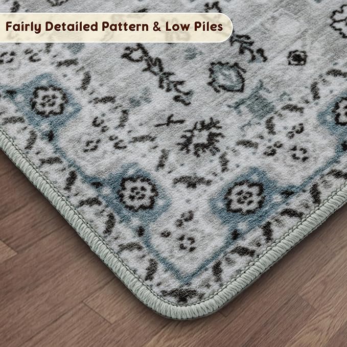 LBRO2M Machine Washable Rug Soft Pet Friendly Carpet 5X7 Dusty Blue | Persian Rug 5X7 for Living Room, Bedroom, Dining Room, Home Office, Non Slip Carpet, Foldable Stain Resistant Rugs