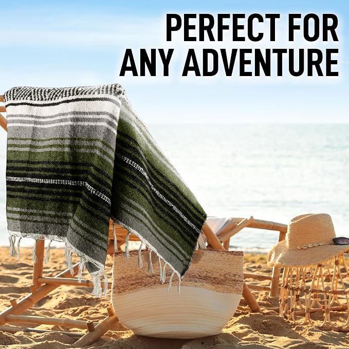 Hydration Nation Authentic Extra Large Mexican Blanket - 70"x50" Handwoven Yoga, Serape, Artisanal Falsa - Camping, Picnic, Outdoor (Military Green)