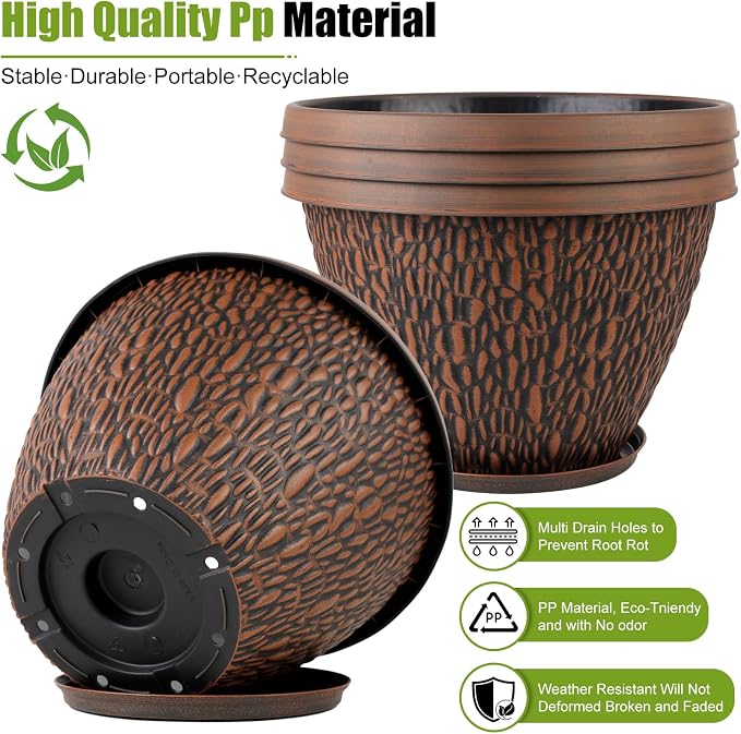 Nooulap 16 Inch Large Outdoor Plant Pot, 4 Pack Thickened Flower Pots with Drainage Holes & Saucer, Pebbles Pattern Design Tree Planters Outdoor for Garden Porch Home