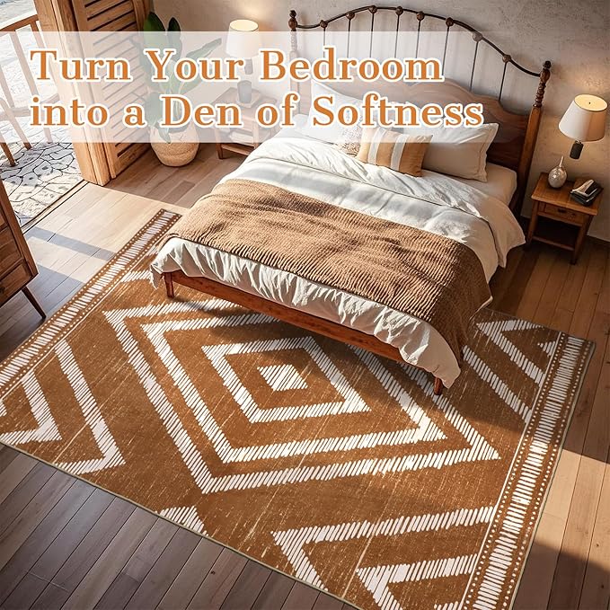 Boho Washable Area Rugs 6x9ft, Moroccan Soft Brown Living Room Nursery Rugs Non Slip, Low Pile Large Bedroom Floor Carpets for Dining Room Bathroom Office Farmhouse