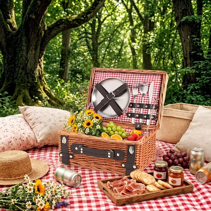 Picnic Basket Set for 2, Wicker Picnic Baskets with Waterproof Blanket and Cutlery Service Kit, Willow Hamper for Camping, Outdoors, Valentine's Day, Christmas, Birthday, Wedding Gift