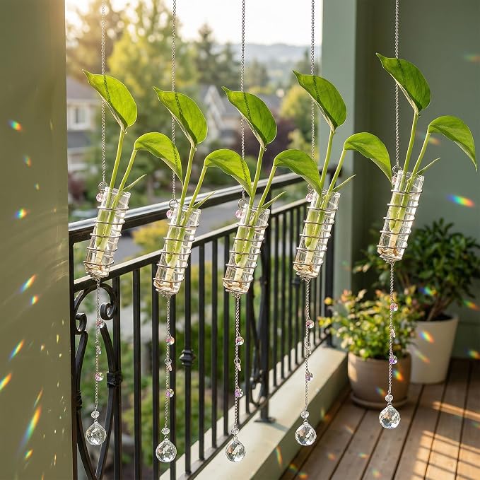 6Pcs Hanging Plant Propagation Station with Crystal Ball Prisms Suncatcher | Window Hanging Propagation Station and Cleaning Brush, Glass Plant Suncatcher for Indoor Wall Gifts for Plants Lovers(Silver)