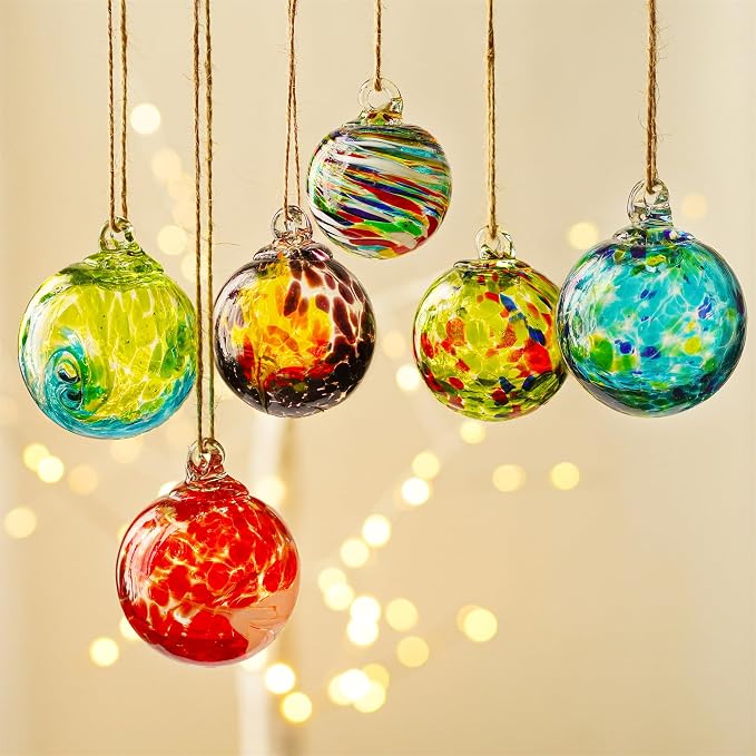 6pcs Hand-Blown Glass Ornaments Hanging Glass Gazing Balls and 4.3inch Handmade Blown Glass Art Cactus Figurine