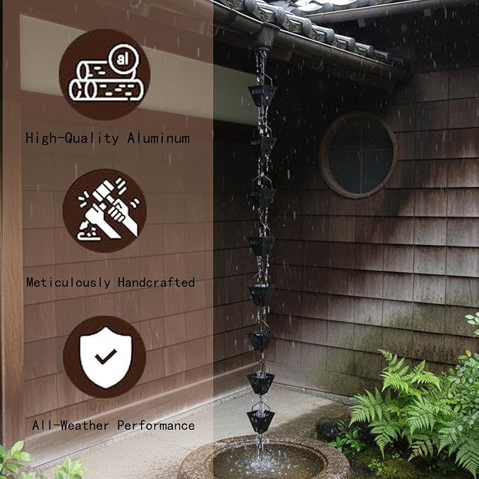 8.5 Ft Black Hollow Rains Chains,Apply Rain Chains for Gutters Outdoor | Replaces the Traditional Drainage Ditch, Ensuring Smooth Water Flow, Uniform Cup Mouth Size, Rust Prevention, Durability