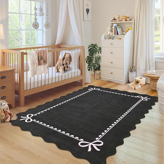 GarveeHome Scalloped Bow Rug 5x7 Washable Rug for Living Room, Black Pink | Non Slip Soft Low Pile Indoor Carpet for Nursery Girls Bedroom Decor Hallway Kids Room College Dorm Playroom