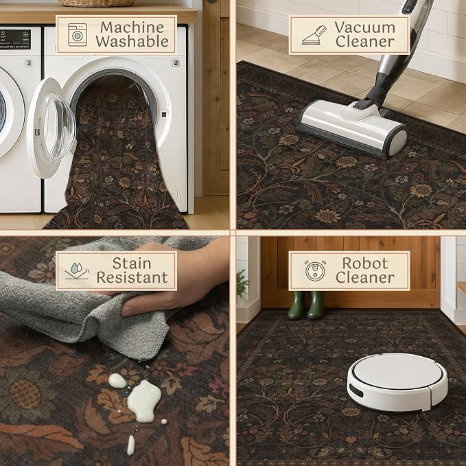 Rustic Brown 3x4 Large Washable Entryway Rug Indoor - Stain Resistant Kitchen Sink Floor Mat Non Slip, Dark Floral Pattern Cabin Area Rug for Bedroom Beside Bed, Mudroom