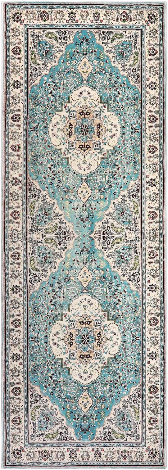 Lahome Felice Floral Medallion Runner Rug - 2x6 Hallway Bedside Turkish Throw Rug Runner Mat Soft Faux Wool Non-Slip Machine Washable Floor Carpet for Kitchen Laundry Bathroom, Sky/Baby Blue