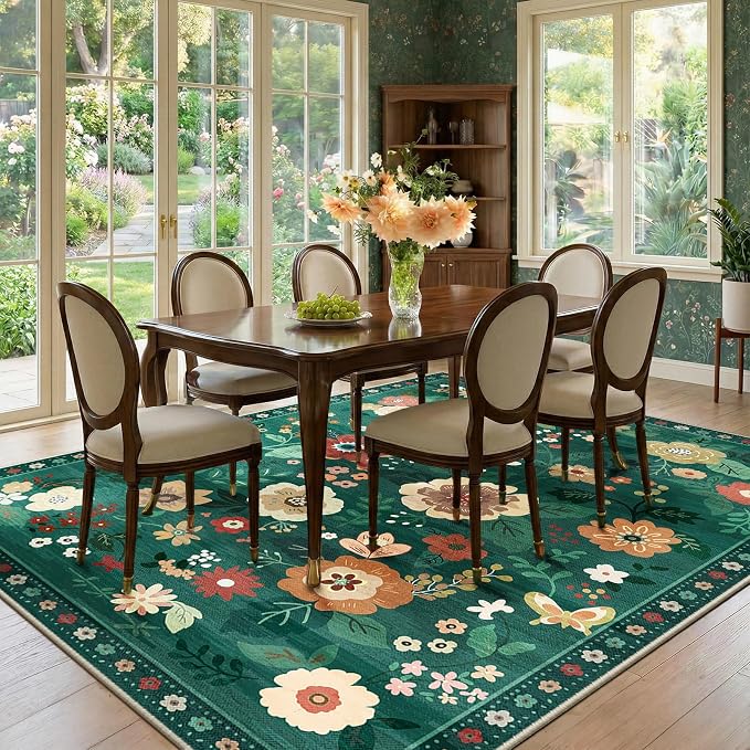 RELEANY Floral Washable 8x10 Area Rugs DarkGreen | Flower Carpet, Print, Boho, Non-Slip, Easy to Clean, Soft, Low Pile for Living Room Bedroom Kitchen Office Entryway Hallway