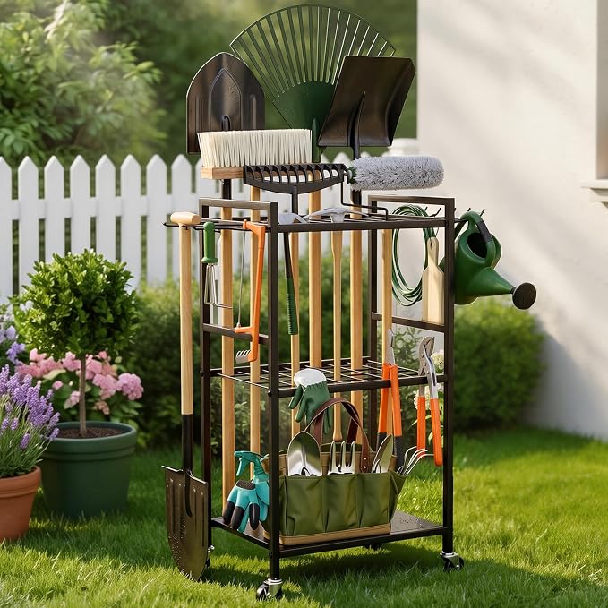 SPACECARE Garden Tool Organizer with Wheels, Yard Tower Rack for Garage Organization and Storage, Up to 35 Long-Handled Tools/Rakes/Brooms, Heavy Duty Steel Garden Tool Stand for Shed, Outdoor, Black