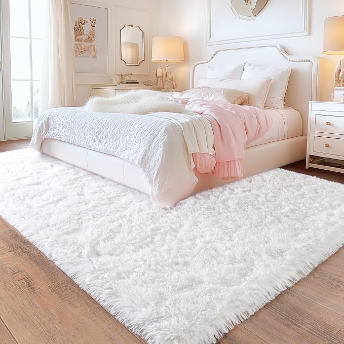 White Rugs for Living Room, Ultra Fluffy Fuzzy Shag 6x9 Area Rug for Bedroom, Modern Plush Soft High Pile Upgrade Non-Slip Carpet for Kids Girls and Boys, Dorms, Nursery, Home Decor Aesthetic
