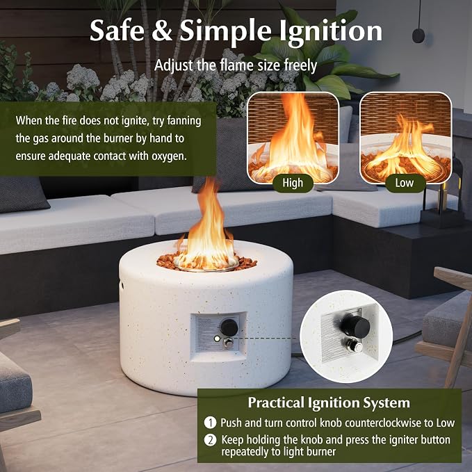 Tangkula Propane Fire Pit Table, 25.5” Round Terrazzo Gas Fire Pit with Stainless Steel Burner & Lava Rocks, Protective Cover & Tank Seat Included, 40,000 BTU Smokeless Fire Pit for Outside Patio
