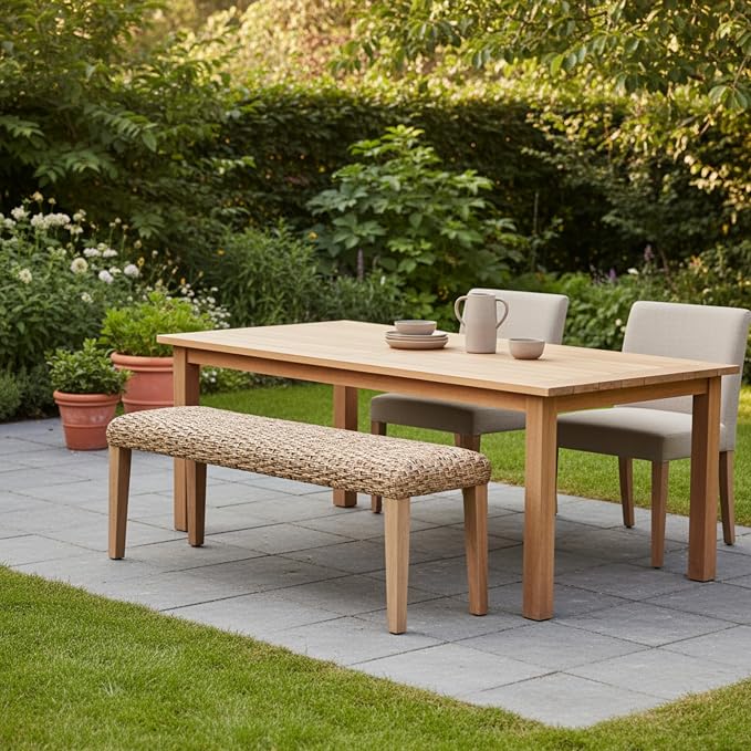 Outdoor Backless Bench, All-Weather Wicker & Solid Acacia Wood, Premium Garden Bench with Woven Rattan Seat and Thick Outdoor Cushion for Patio, Porch, Living Room or Entryway (Natural, PE Wicker)