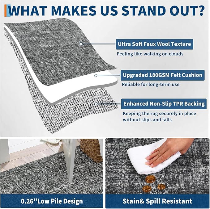 Garvee Modern Solid 5x7 Area Rugs for Living Room Washable Rug Grey | Soft Non Slip Rugs for Bedroom, Low Pile Neutral Rug, Stain Resistant Foldable Carpet for Playroom Dorm, Farmhouse Rugs