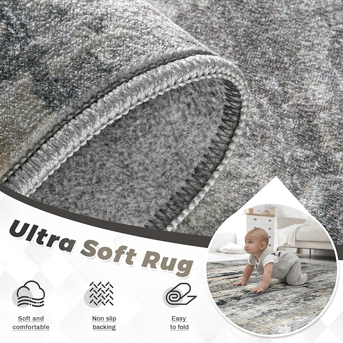 pmtsns Area Rugs 6x9 for Living Room: Washable Rug Modern Abstract Neutral Soft Non-Slip Low-Pile Indoor Carpet for Bedroom Dining Room Playroom Home Office (Black Grey Brown, 6'x9')