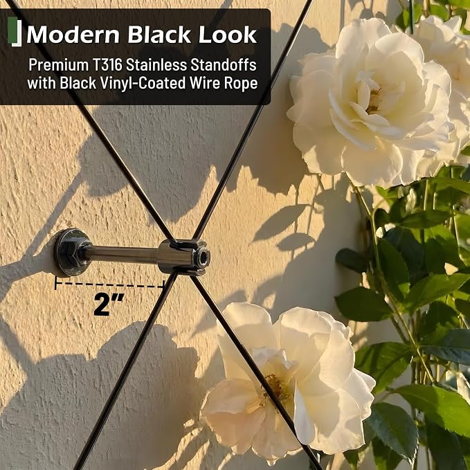 Wire Trellis Kit 30-Set 5/64” Black Crosshead w/Cutter&150' Cable | T316 PVD black stainless steel hubs, vinyl coated cable, wall wire trellis system for outdoor climbing plants