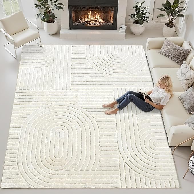 Beige Solid Area Rug 8x10, Washable Rugs for Living Room Bedroom | Modern Neutral Boho Geometric High-Low Pile Carpet, Soft, Fluffy Non-Slip Rugs for Nursery, Kids Room, Apartment, Home Office