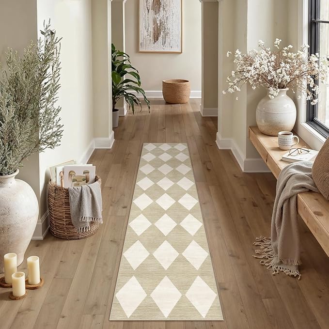 2'6x8 Washable Runner Rug Kitchen Beige Non Slip Checkered Carpet | Soft, Low Pile, Easy Clean, Diamond Pattern for Hallway, Entryway, Laundry Room, Bathroom, Modern Neutral Decor