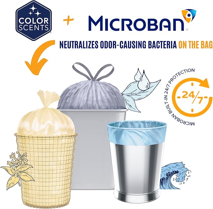 Color Scents Small Trash Bags - 4 Gallon, 60 Bags (1 Pack of 60 Count), Twist Tie - Light Blue in Ocean Mist Scent with Microban