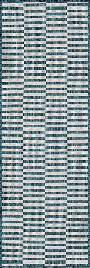 Unique Loom Outdoor Striped Collection Area Rug - Striped (2' x 6' 1" Runner, Teal/Ivory)