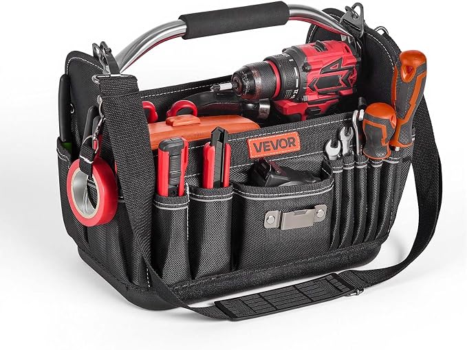 VEVOR Tool Bag, 13 Inch, 33-Pocket Open Top Tool Tote, Portable Electrical Maintenance Toolbox Organizer Storage with Hard Plastic Base, Adjustable Shoulder Strap, for Professionals DIY & Jobsite Use