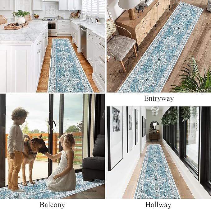 U'Artlines 2' x 12' Boho Hallway Runner Rug, Washable Carpet, Teal | Non Slip, Vintage Farmhouse Accent Area Rug Carpet, for Kitchen Entryway Laundry and Living Room