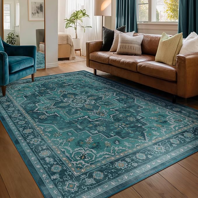 Luxurious Teal Living Room Rug 6x9, Washable Non Slip Rug for Dining Room Under Table, Vintage Medallion Vibrant Low Pile Thin Carpet Rugs for Bedroom Den Home Office