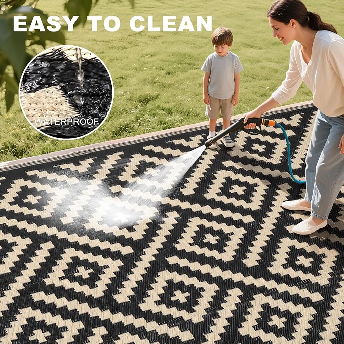 RURALITY Outdoor Rugs 6x9 Feet for Patios Clearance,Plastic Straw Waterproof Mats for Backyard,Porch,Deck,Balcony,Black&Beige