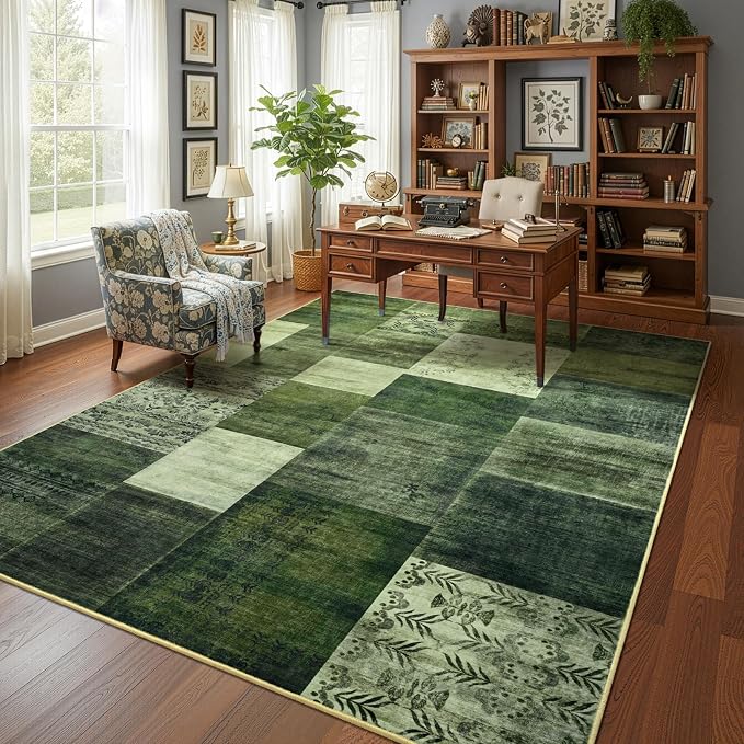 Washable Area Rugs 5x7 for Living Room, Modern Geometric Green Soft Patchwork Carpet, Non-Slip Stain Resistant Throw Rug for Bedroom Dining Room Office Home Decor