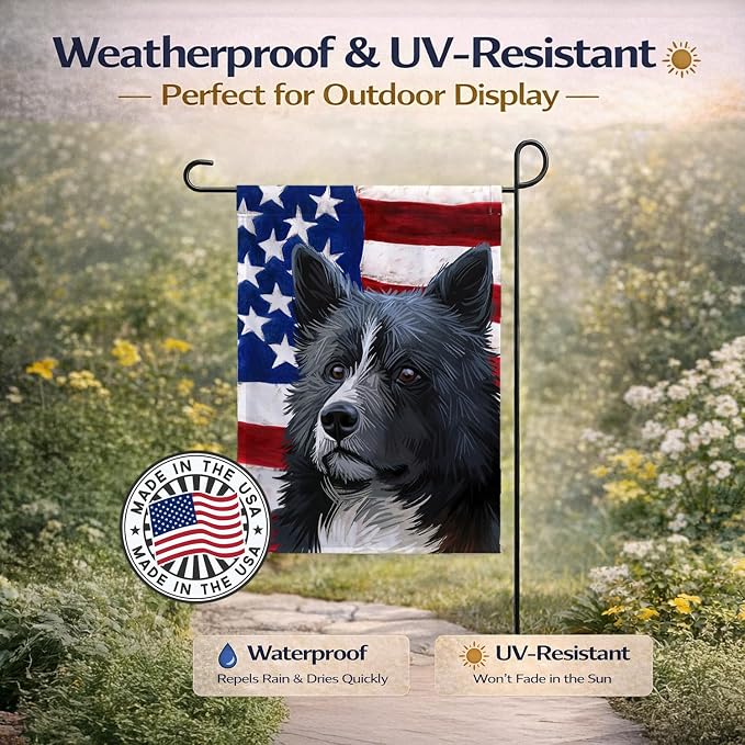 Caroline's Treasures CK6586GF Karelian Bear Dog American Flag Garden Flag Mailbox Flag Decorative Yard Flag Banner Outside Patio Artwork Yard Flower Beds, Garden Size, Multicolor