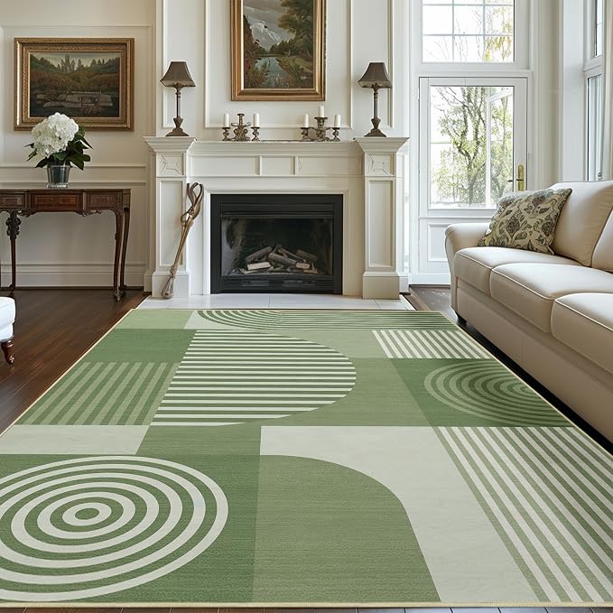 Area Rug 6x9 Living Room Green Geometric Rug Machine Washable Minimalist Line Mid Century Modern Area Rugs Non Slip Low Pile Large Dining Room Indoor Floor Carpet for Bedroom Office,Green