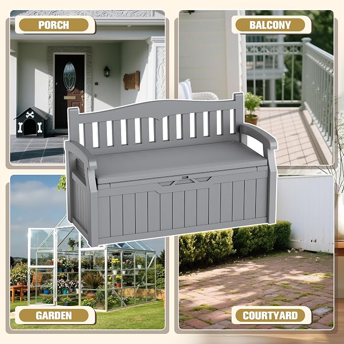 80-Gallon Outdoor Storage Bench with Cushion, Lockable Waterproof Deck Box with Armrests for Patio, Garden, Pool, Gray