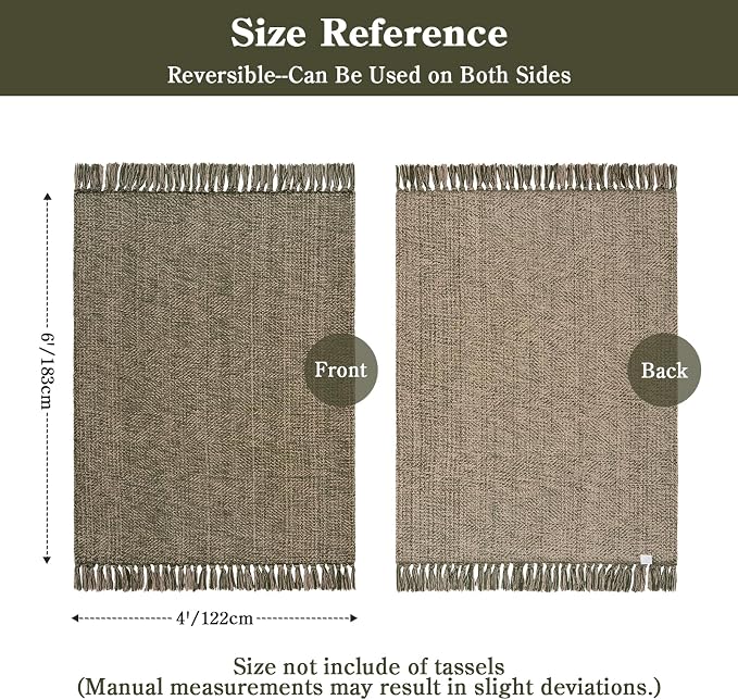 4' x 6' Moss Green Bedroom Area Rug, Boho Indoor Outdoor Rugs | Hand-Woven Washable Living Room Rug, Modern Farmhouse Braided Bedside Mats, Reversible Dining Room Carpet for Nursery Patio