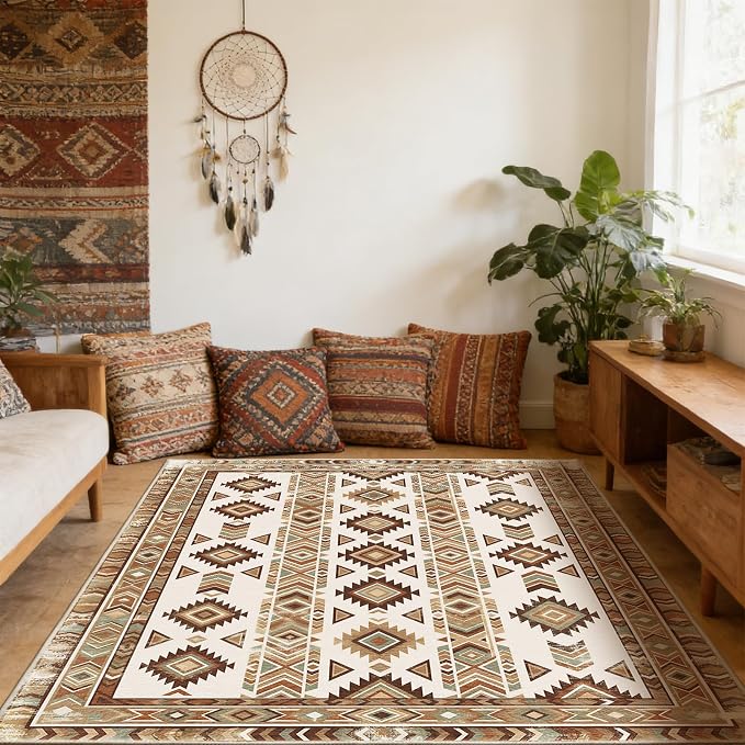 5x7 Southwestern Area Rug, Soft Faux Cashmere Tribal Non-Slip Floor Mat