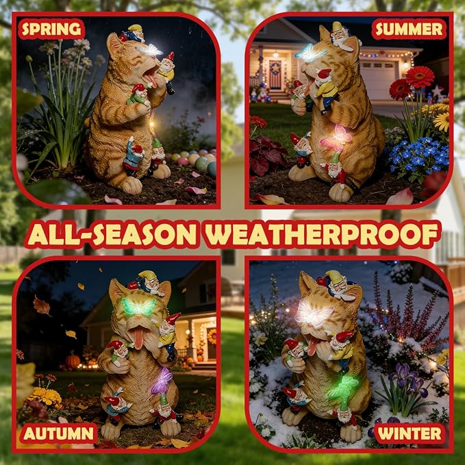 Sunthus Garden Gnome Cat Yard Art Resin Statue Décor | Solar Light Figurine For Outdoor Garden Decorations