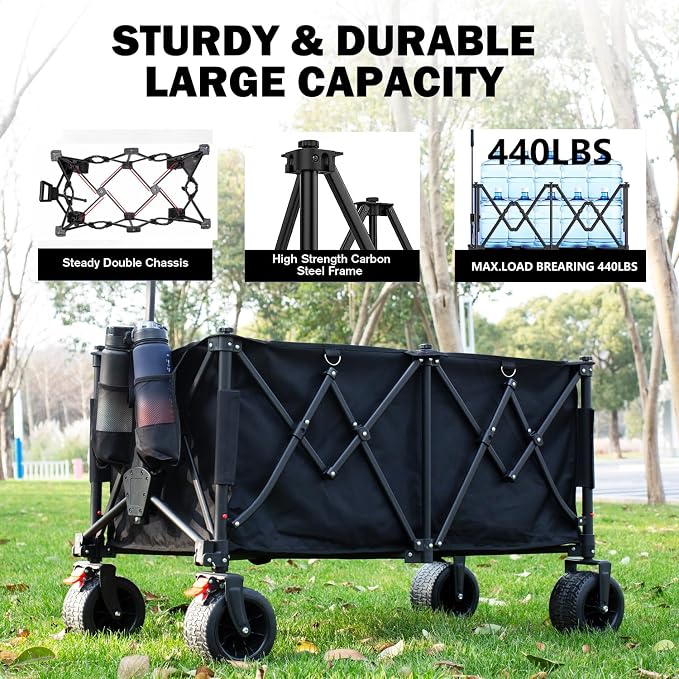 novelinks Foldable Utility Cart, Heavy Duty Collapsible Garden/Beach Wagon Supporting 440lbs, Outdoor Grocery Wagon with Brakes and Pocket, Sports Camping Shopping (Extra Large 260L)