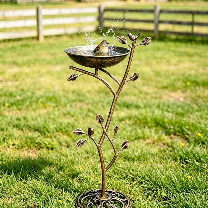HOUYANG Diam 11.4" W x 31" H Cast Iron Pedestal Bird Bath, Bird Baths for Outdoors,Vintage Metal Bird Bath Garden Yard Decoration