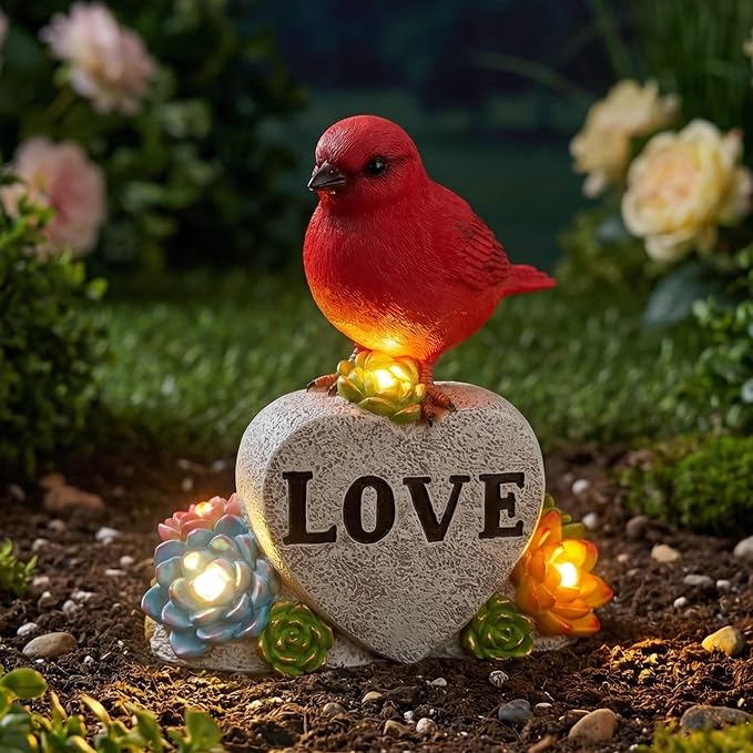 Solar Cardinal Decor Red Bird with Glowing Succulents Love Heart Stone Remembrance Garden Figurine Decor for Outdoor Yard Patio Lawn Sympathy Gifts for Mother Grandma Women Wife Sister