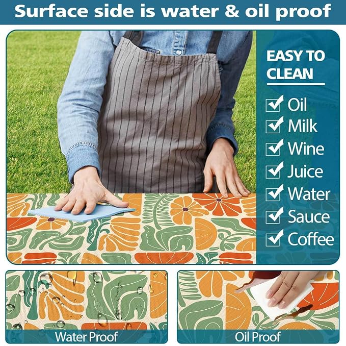 Picnic Table Covers with Bench Covers Boho Patchwork Orange Green Flower Pattern Camping Tablecloth Fitted Picnic Table Cover with Elastic Windproof Waterproof, Camping Accessories Outdoor, 60In 3PCS