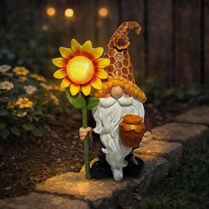 Lyeasw Solar Garden Gnomes Gifts - Garden Gnome Decor Outdoor - 8.3 Inch Honey Pot Funny Figurines for Birthday Anniversary Gardening, Unique Sunflower Decorations for Mom & Grandma Yard Patio