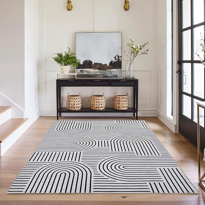 ROYHOME Modern Washable Rug Rainbow 4x6 Area Rugs for Living Room Non Slip | Abstract Rug for Bedroom, Throw Rugs with Rubber Back, Low Pile Stain Resistant Geometric Carpet for Playroom Dorm BlackWhite