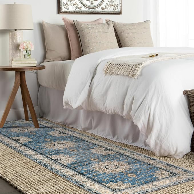 Lahome Felice Oriental Floral Medallion Runner Rug - 2x7 Blue Hallway Runner Rug, Non-Slip Machine Washable Low-Pile Kitchen Entryway Mat Indoor Throw Carpet for Bedside Laundry Bathroom