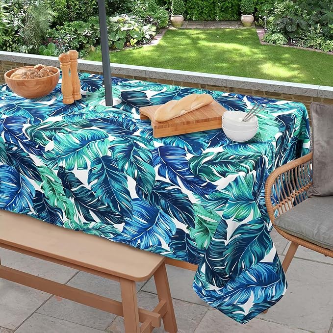 Outdoor Tablecloth with Umbrella Hole and Zipper, Rectangle Patio Table Covers for Spring/Summer, Machine Washable Outdoor Picnic Table Cloth (Palm Leaves, 60" × 102" Rectangular)
