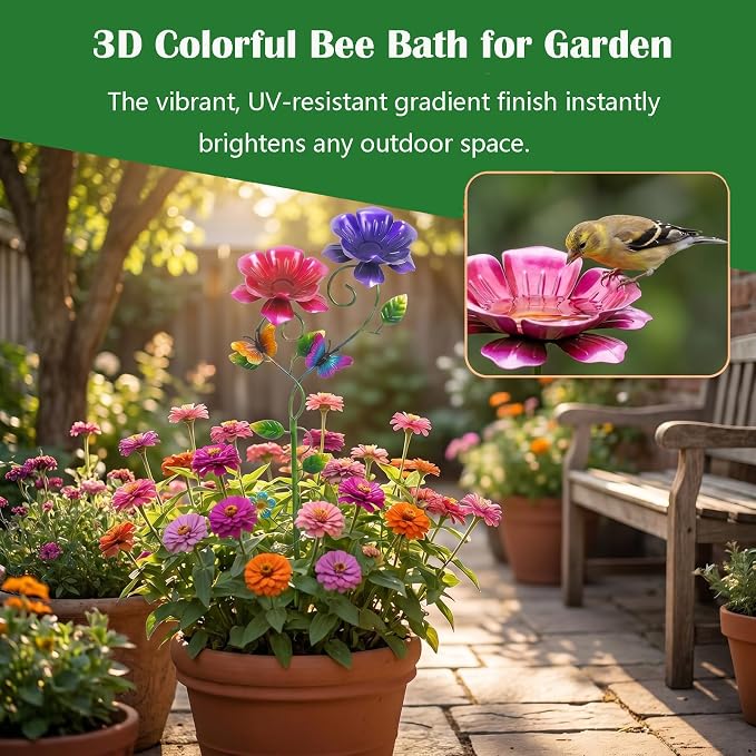 2 Pack Bee Watering Station, 3D Colorful Metal Bee Bath for Garden, Butterfly Feeder with Flower Design, Anti-Drowning Bee Watering Feeder Cups for Outdoor Yard Lawn Patio Decor
