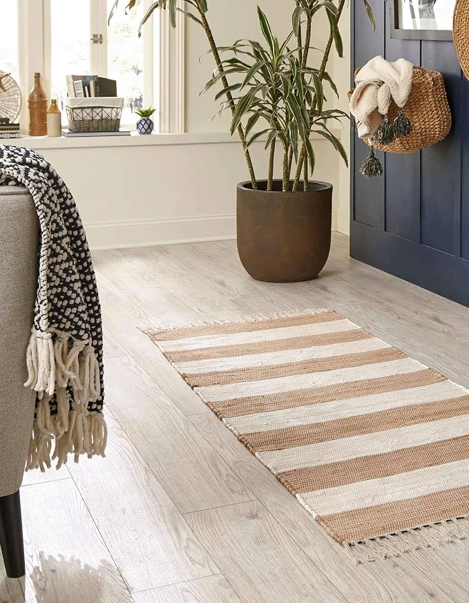 Unique Loom Chindi Rag Collection Area Rug - Striped (2' 2" x 8' Runner, Beige/ Ivory)