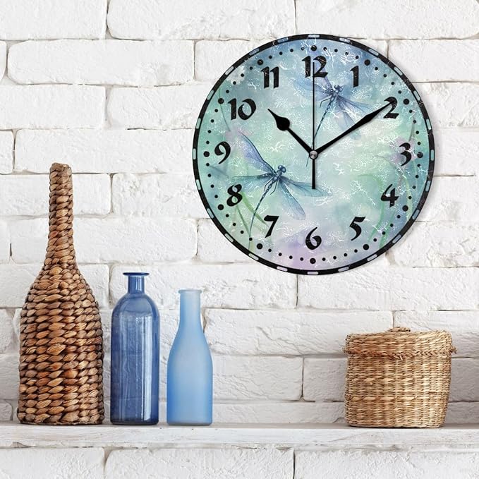 Watercolor Dragonflies Wall Clock, Silent Non Ticking 10 Inch Battery Operated Wall Clocks, Easy to Read Clock for Home Kitchen Living Room Bathroom Office Decor