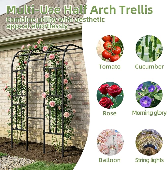 Square Tube Half Garden Arch Trellis 2.0FT×7.9FT,Metal Black Outdoor Arbor for Climbing Plants,Garden Archway for Patio Lawn Backyard