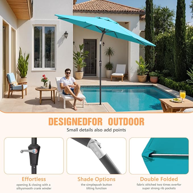 Outdoor Patio Umbrella, Table Umbrella with Push Button Tilt and Crank, 8 Ribs Market Umbrella